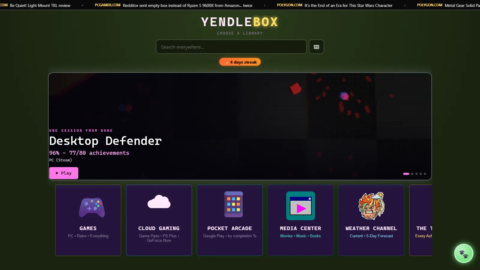 The YendleBox homepage, showing a featured game one session from done and a row of channels.