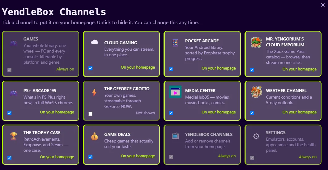 The row of optional channels on the homepage.