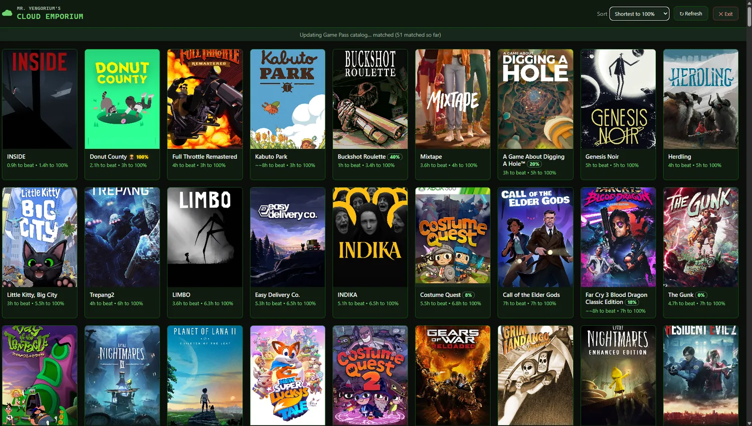 The Game Pass catalogue screen, sorted by how long each game takes to finish.