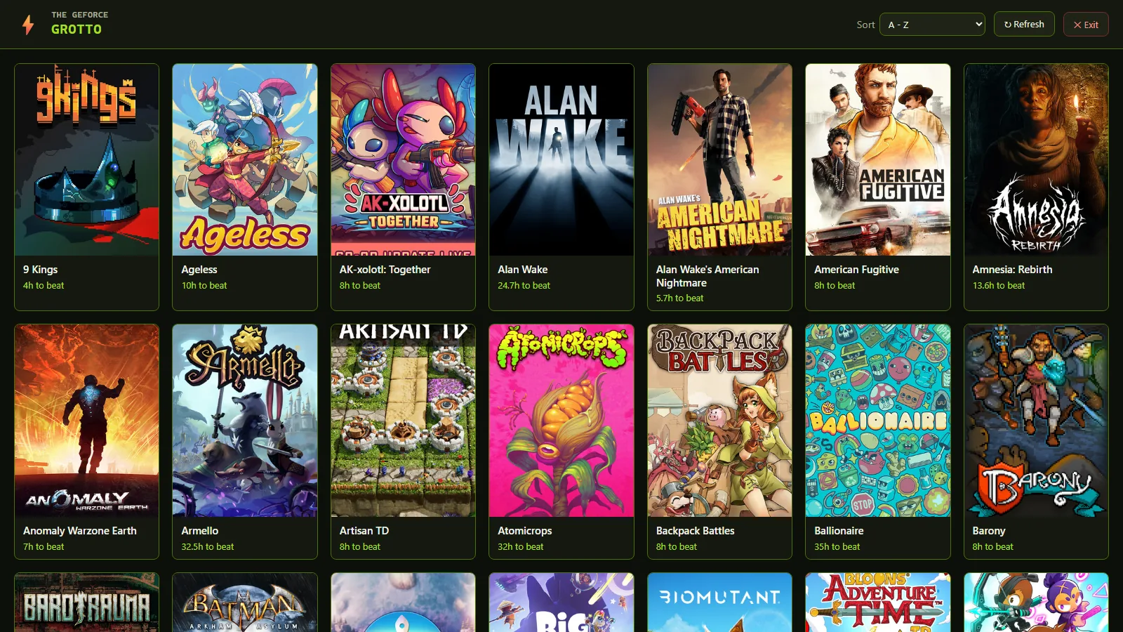 A grid of game covers that stream on GeForce NOW, each showing how long it takes to beat.
