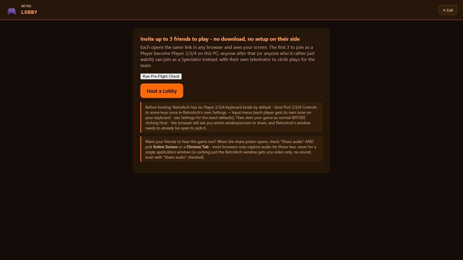 The Retro Lobby screen, where guests join a game from a link.