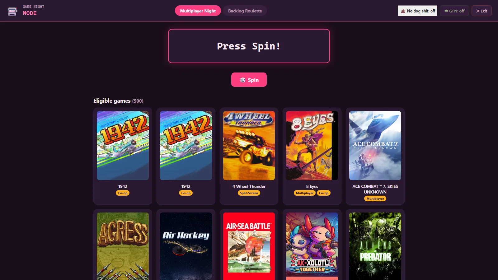 Game Night mode, picking a game for the number of controllers in the room.