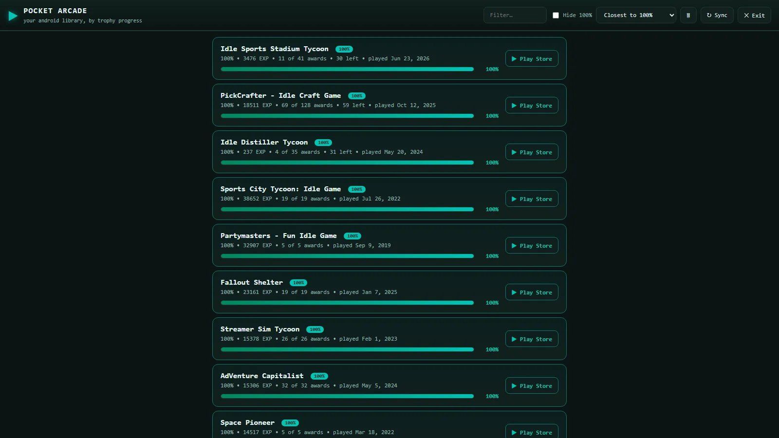Android games ranked by how close each one is to finished.