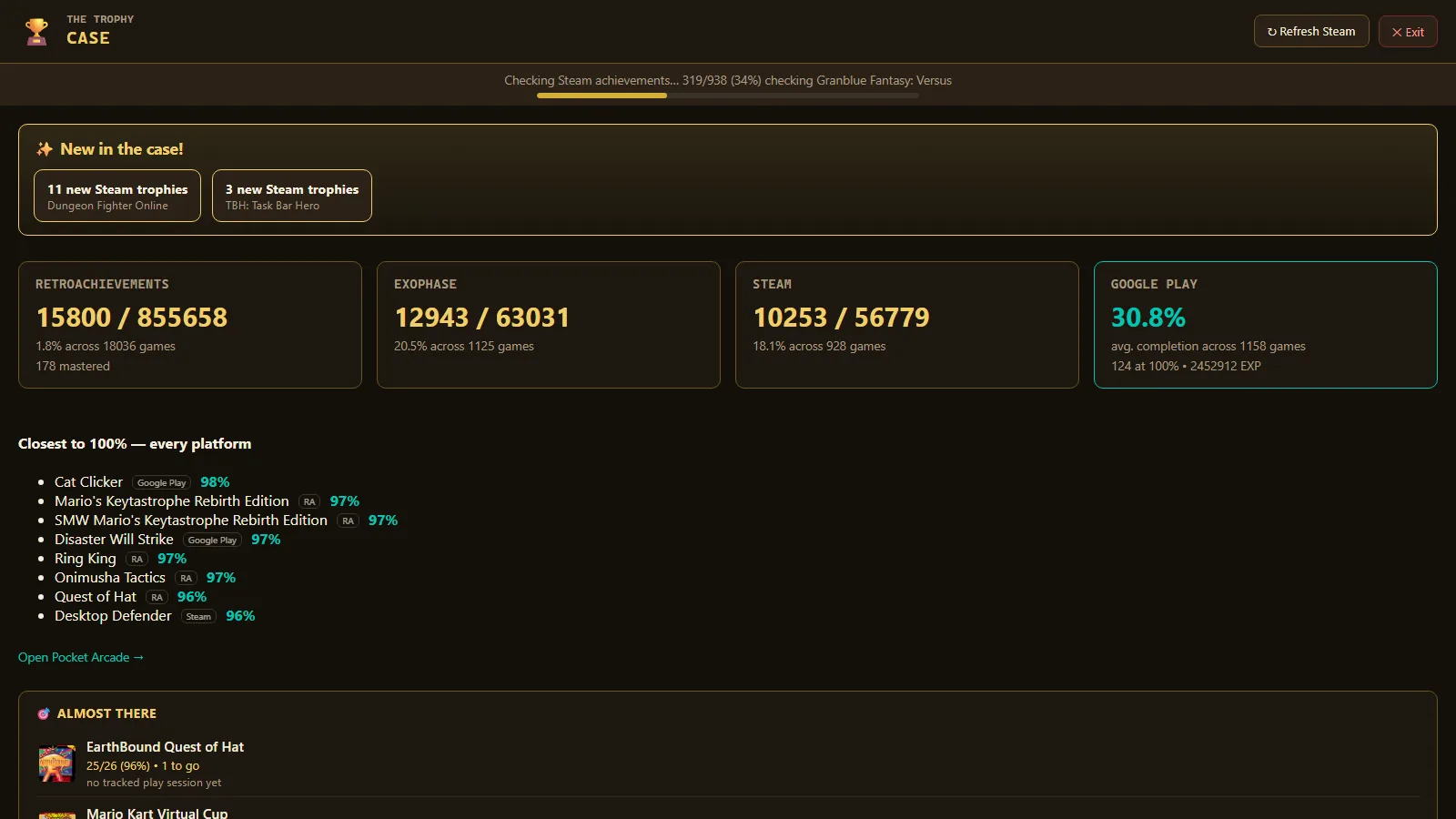 The Trophy Case, showing achievement totals across RetroAchievements, Exophase, Steam and Google Play.