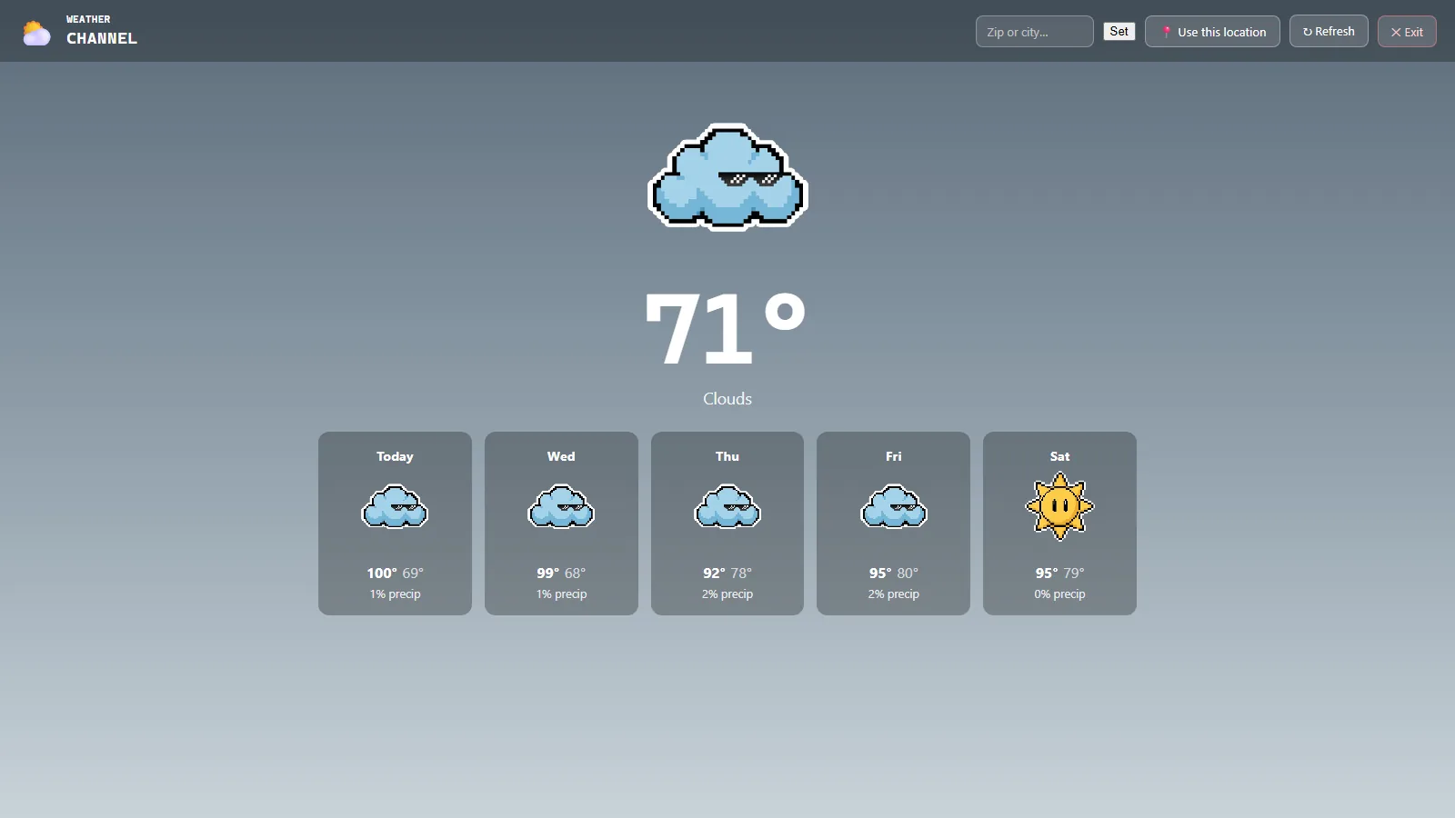 The weather channel, showing a pixel-art forecast for the next five days.