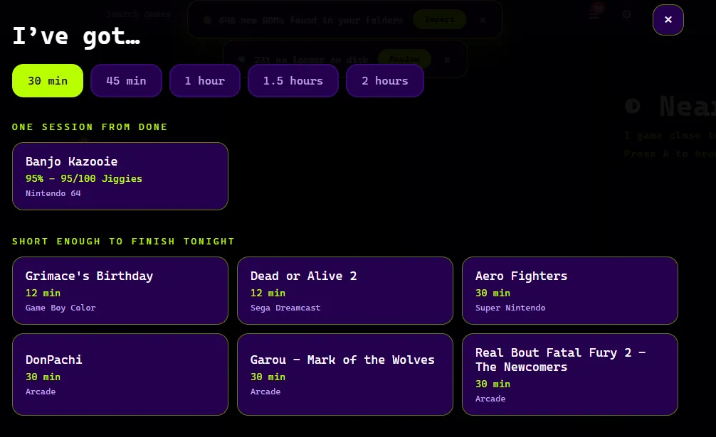 A list of games close to finished, sorted by how far through each one you are.
