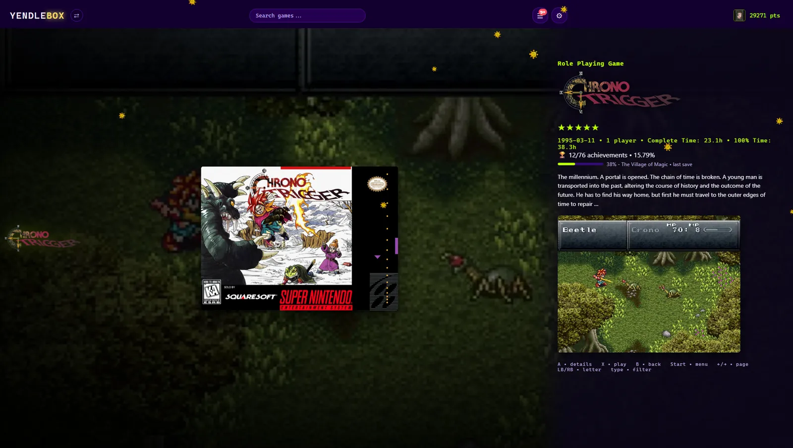 A game screen showing cover art, details and how far through the game you are.
