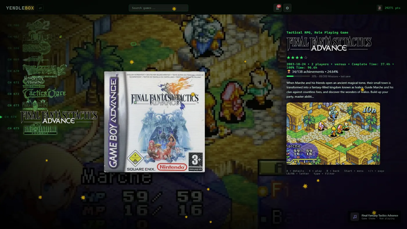 The YendleBox game list styled like an old TV, with channel numbers, a green glow and scanlines.