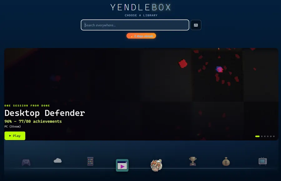 YendleBox in a navy skin with a dock along the bottom.